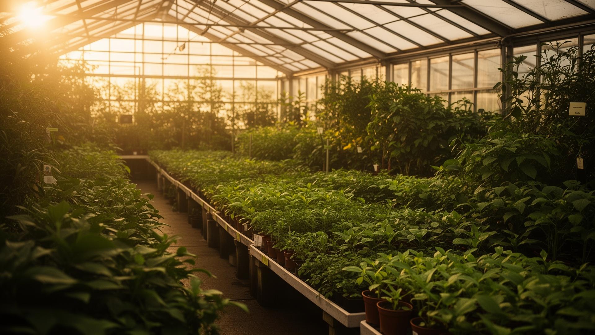 Lush greenhouse at golden hour